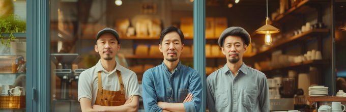 Adult asian three partners standing in front of the shop.